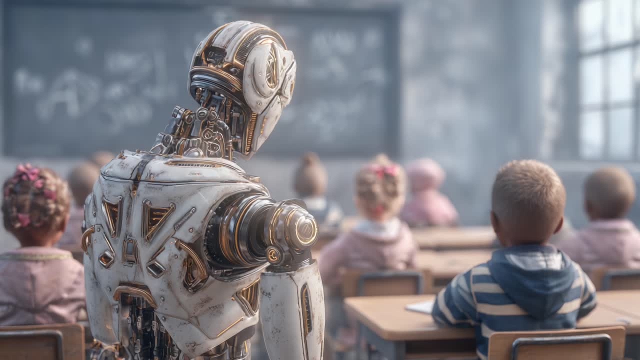 A Futuristic Classroom Setting Where a Robot Educator Oversees Children Engaged in Learning Activities, Merging Technology with Education in a Unique Environment