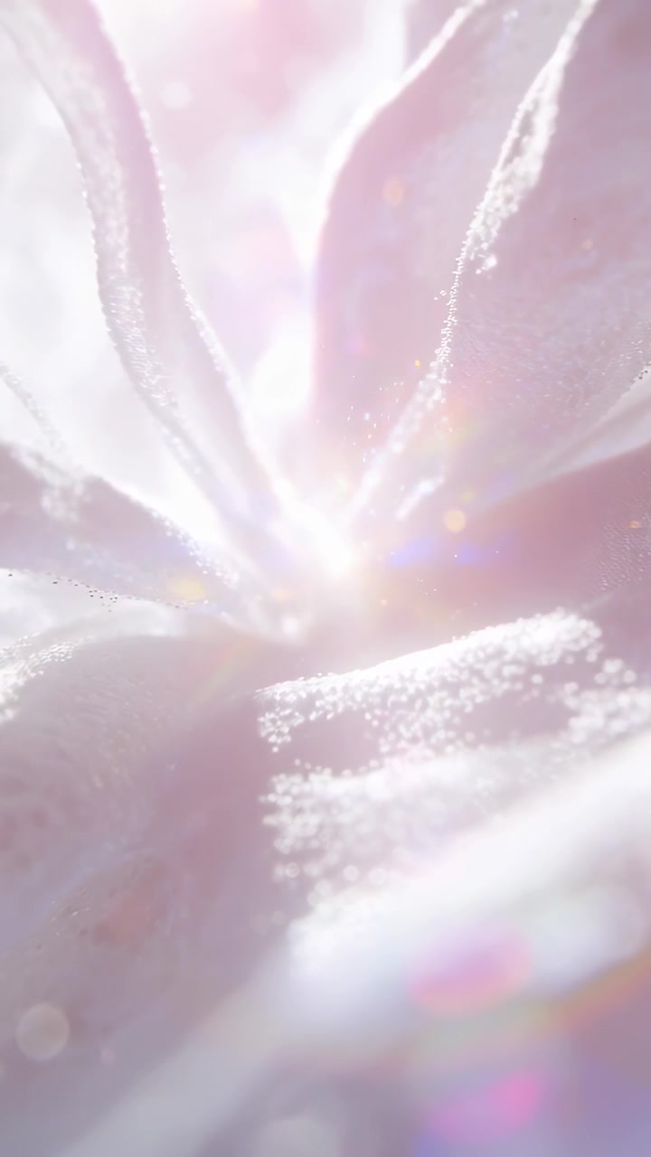 Vídeo vertical: Luz em movimento revelando o centro e as pétalas de uma flor branca em macro, com reflexos de lente