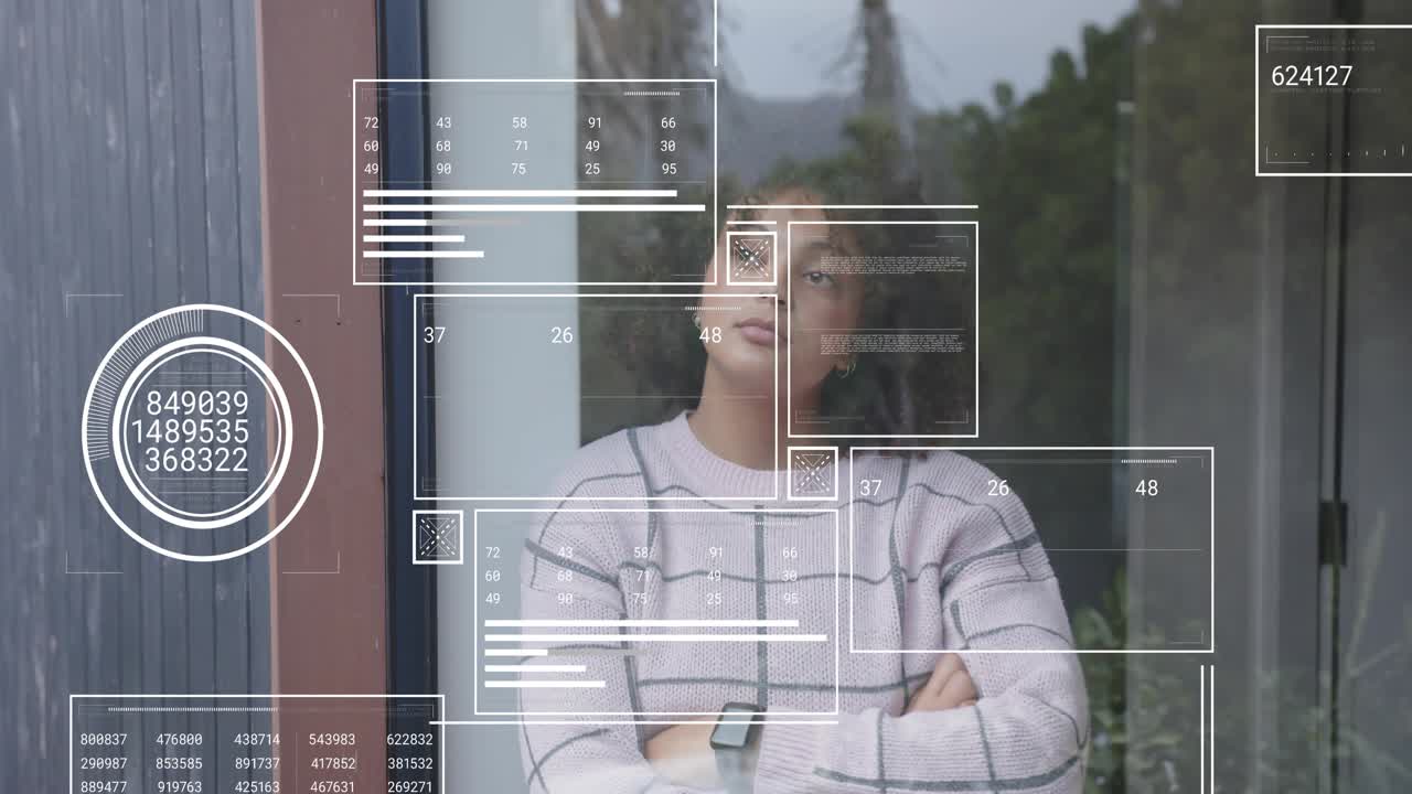 Woman at door, leaning and watching HUD panels appearing across glass while analyzing tech data