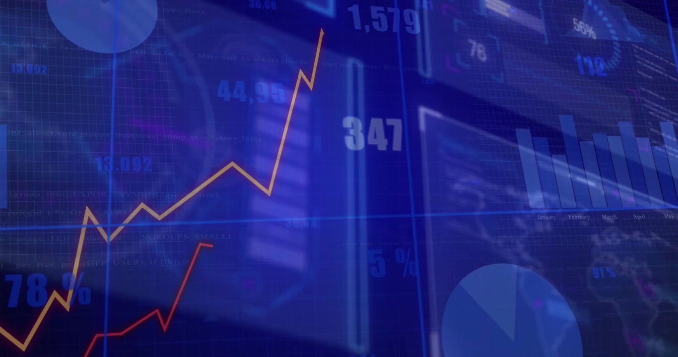 Sovrapposizione della dashboard che compare, innesca l'oscillazione di una linea arancione, mentre linee rosse e verdi si aggiornano per le tendenze.