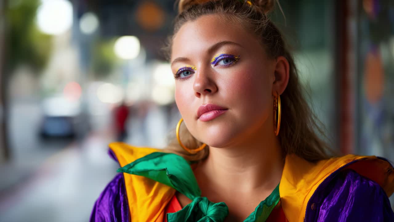 Un ritratto deciso e colorato di una giovane donna che sfoggia un trucco audace e un abbigliamento vivace, catturato in un vivace ambiente urbano con uno sfondo cittadino sfocato