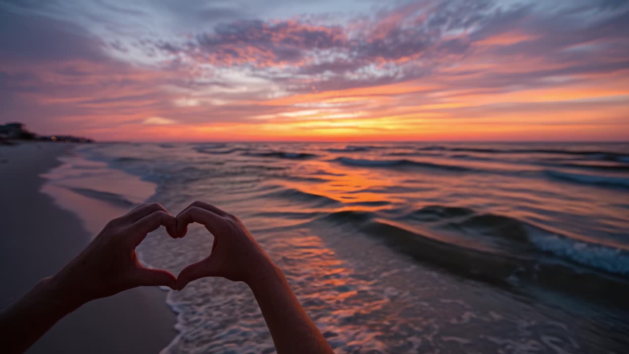 A Heart-Shaped Gesture Against a Breathtaking Sunset Over the Ocean, Symbolizing Love and Connection Amidst Nature's Beauty