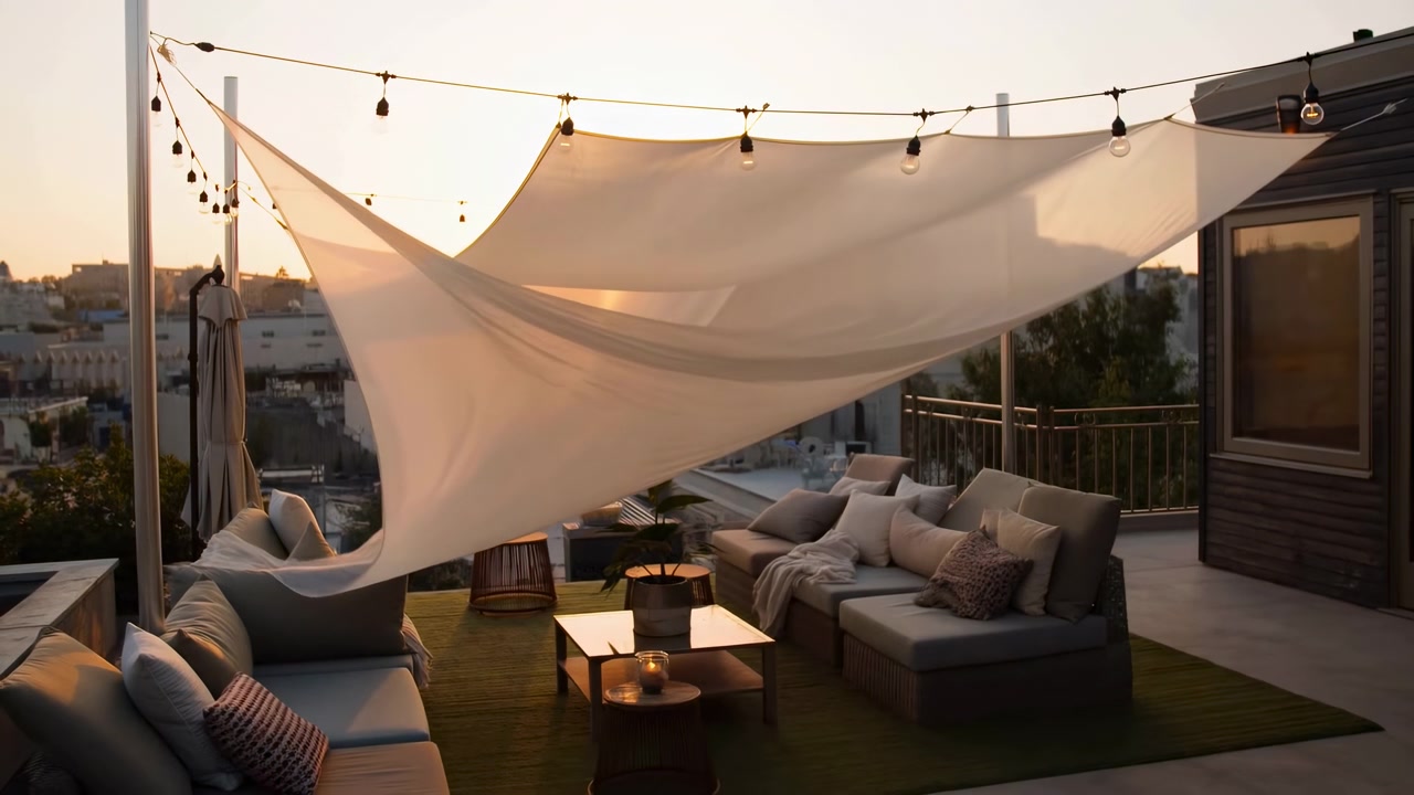 Tenda da salotto sul tetto che si dispiega come una vela gonfiata dal vento sopra comodi divani componibili sotto la calda luce del tramonto, proiettando un bagliore traslucido, ombre morbide e un'atmosfera da resort ariosa