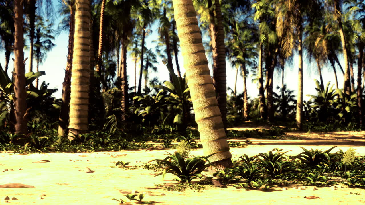 Lush tropical landscape with palm trees and vibrant vegetation under sunlight