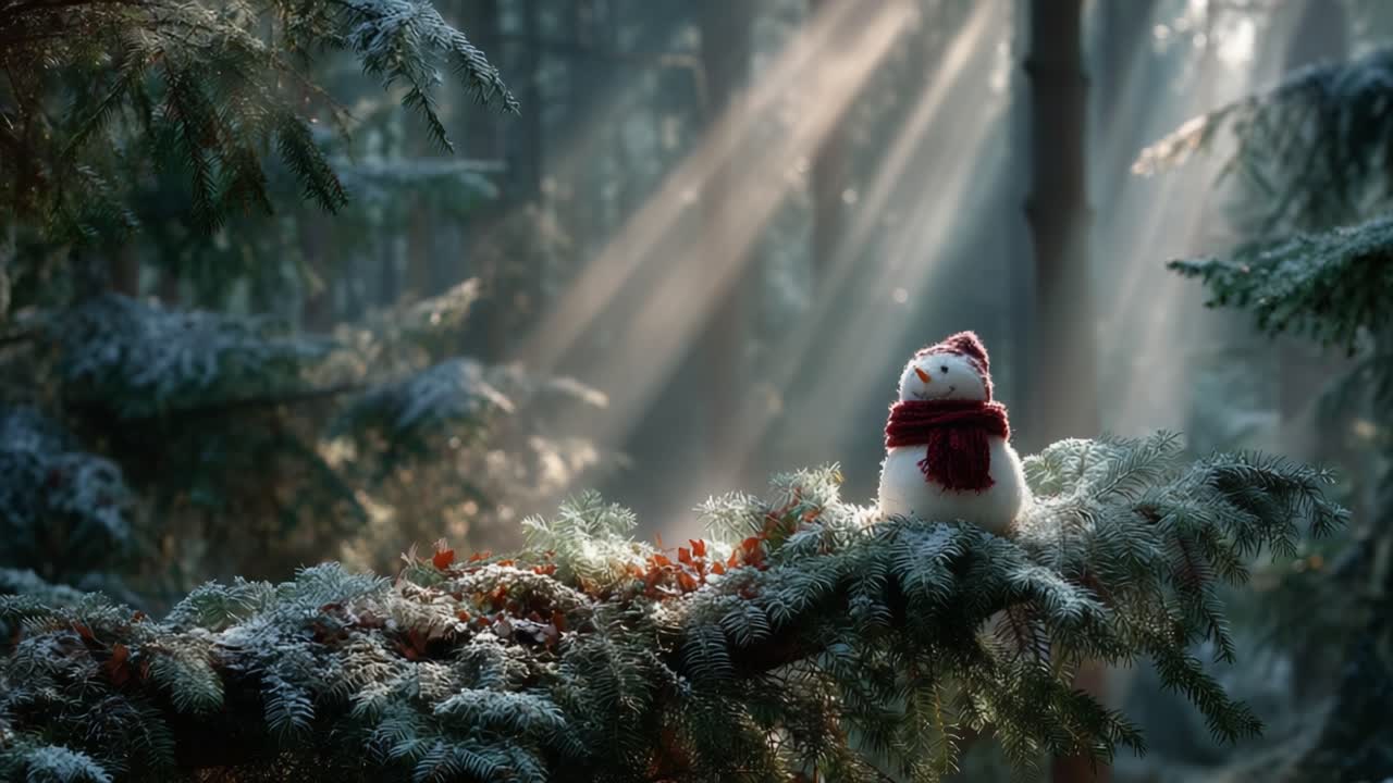 A Cheerful Snowman Sitting on a Frosty Branch in a Sunlit Winter Forest, Surrounded by Glimmering Snow and Majestic Trees, Capturing the Essence of a Magical Holiday Season