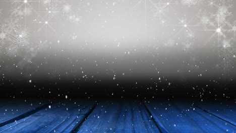 animación de nieve cayendo sobre puntos de luz con espacio de copia y tablas de madera