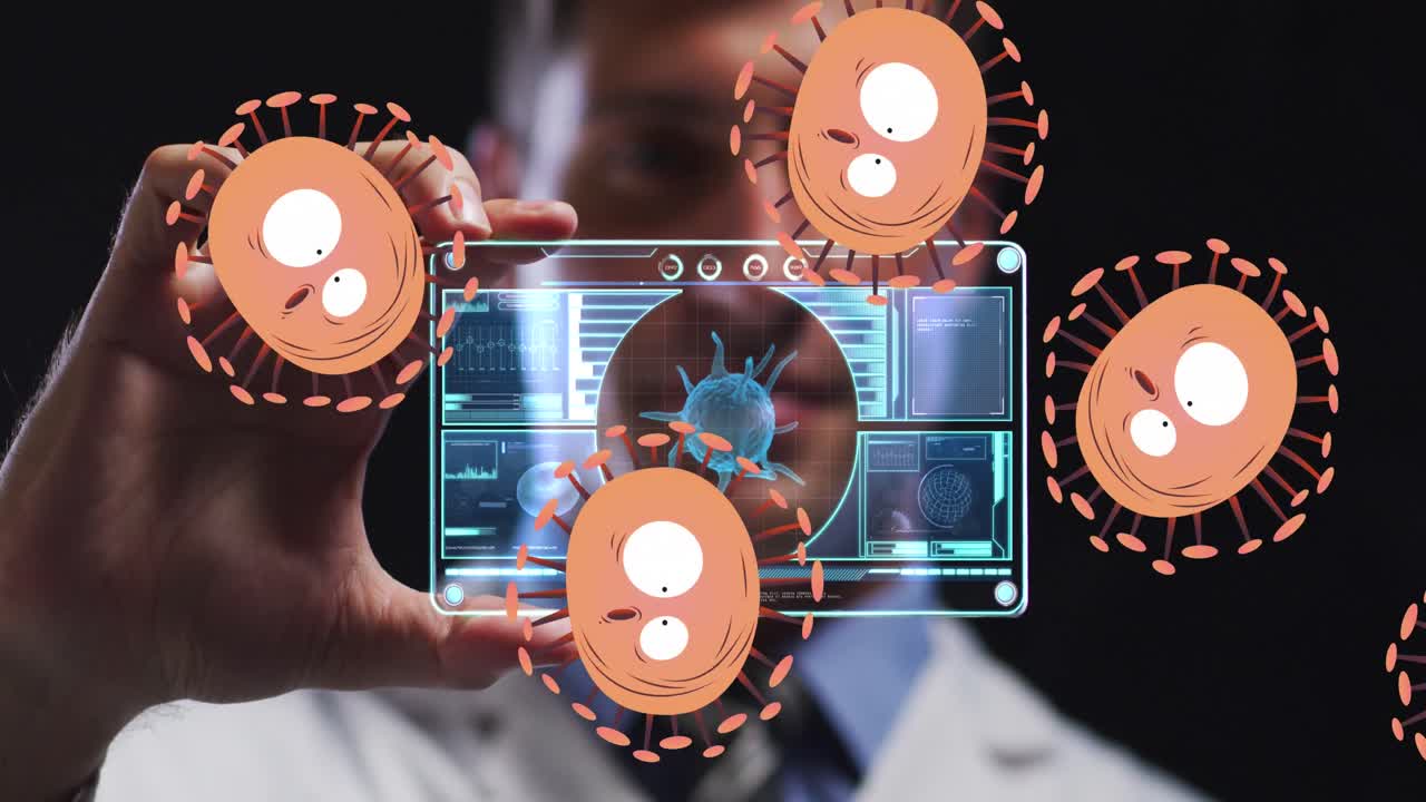 animación de células virales naranjas sobre médico caucásico con tarjeta digital con datos de virus