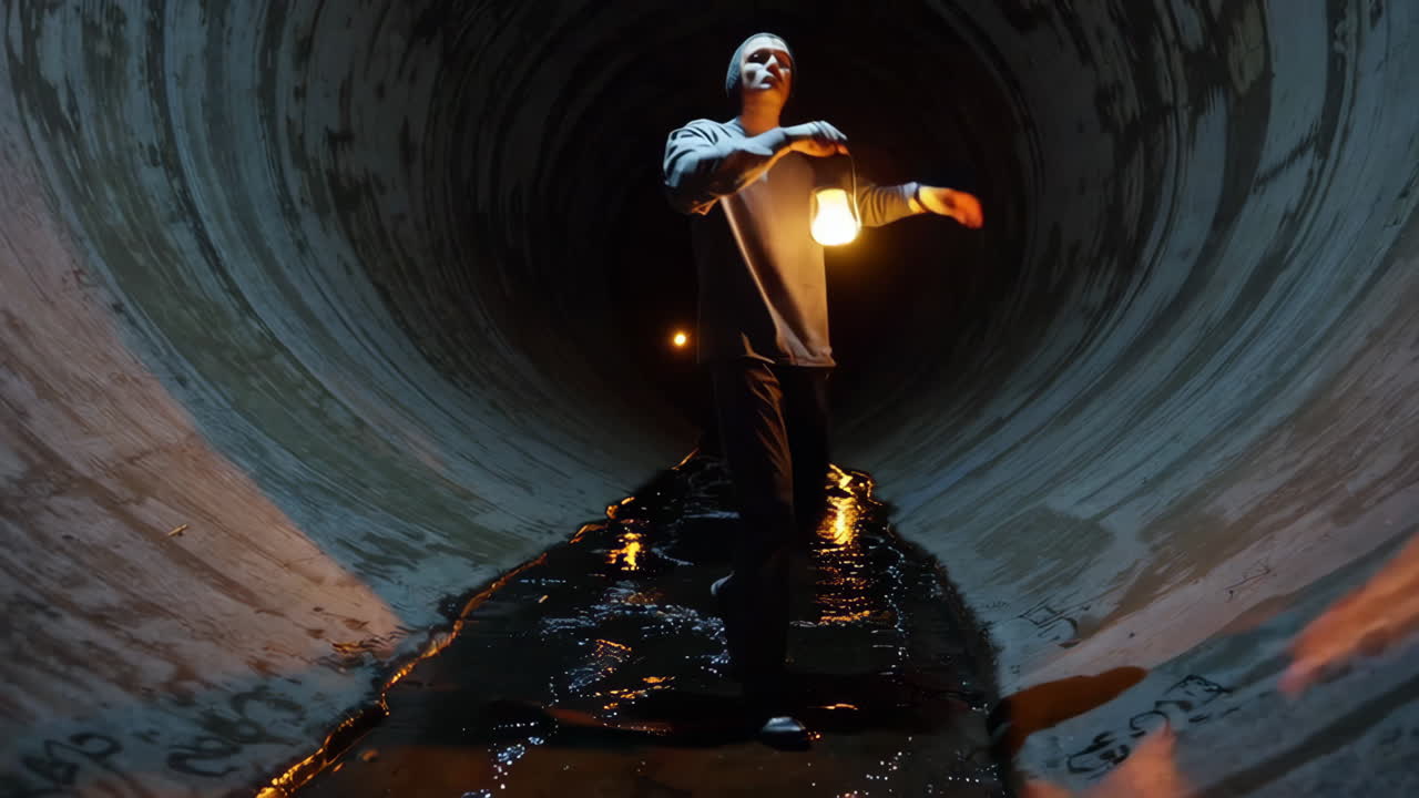 Man Exploring Underground Tunnel with a Lantern