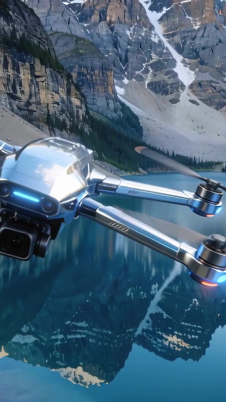 Video verticale: Pilota che invia un comando, drone che vira basso sopra il lago, catturando il riflesso con LED