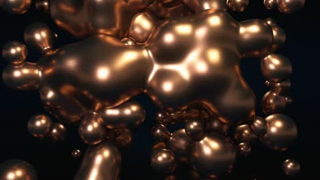 Abstract animation of molten gold spheres slowly morphing and flowing. Luxurious, elegant metallic forms create captivating background for sophisticated visuals, branding, or events