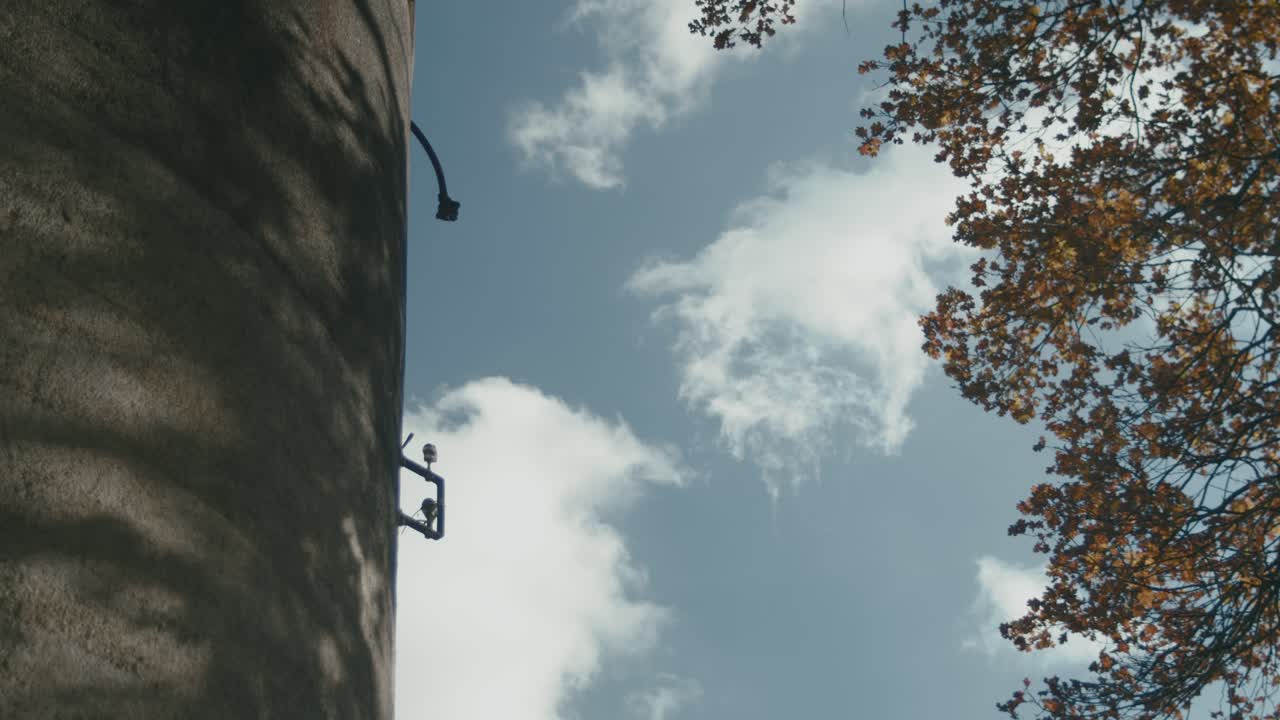 원통형 콘크리트 구조물과 단풍 나무 옆을 지나는 구름의 시간 경과