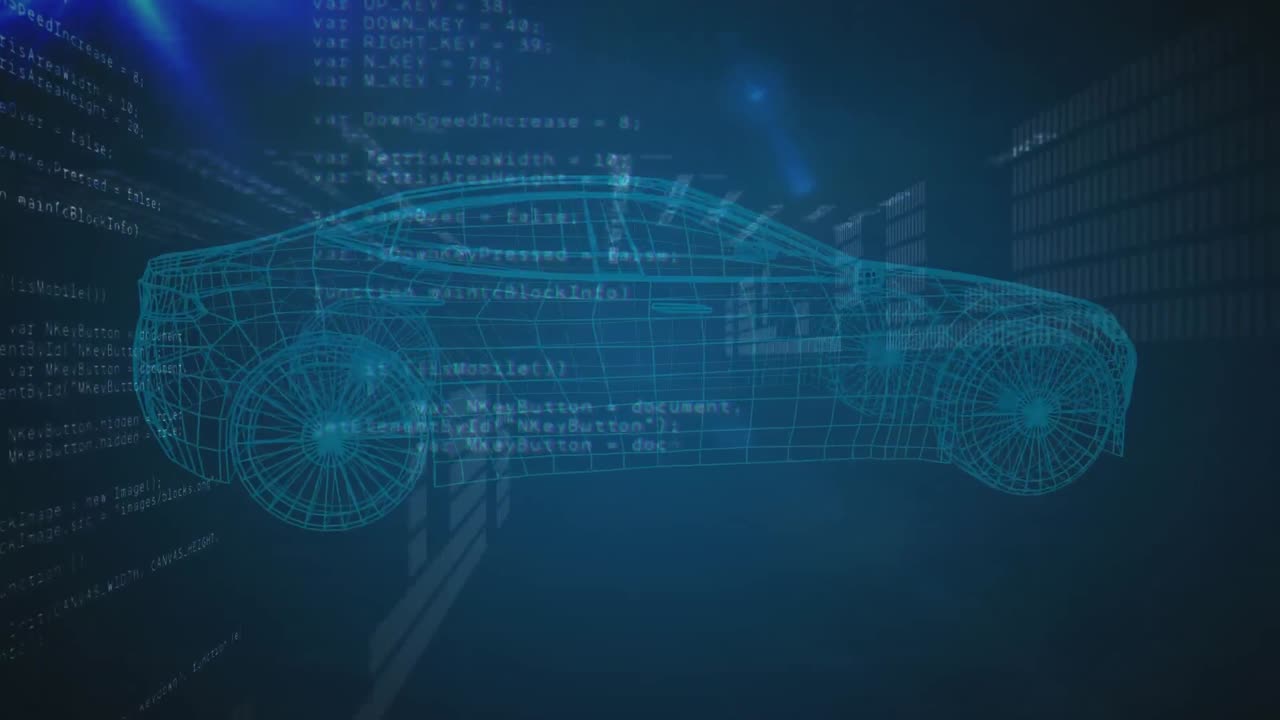 dibujo técnico giratorio de un automóvil sobre un fondo azul