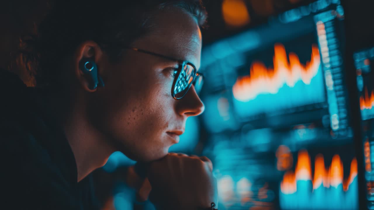 A focused individual analyzes digital data displayed on vibrant screens, meticulously studying the colorful visualizations to gain insights and understanding in a modern tech environment