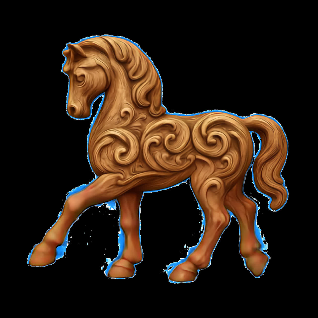 Elegant carved wooden horse sculpture animation isolated asset, transparent 4K video, alpha channel