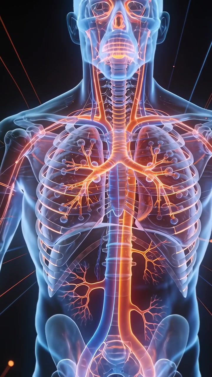 Video verticale: Zoom indietro su un torso che rivela vie aeree e vasi in un campo scuro, pulsante per lo studio.