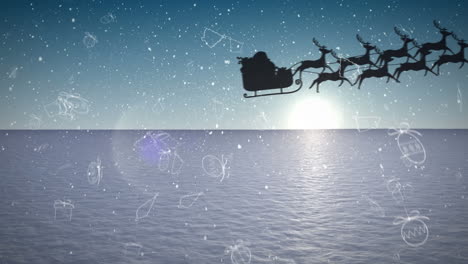 animación de santa claus en trineo con renos sobre la nieve, decoraciones cayendo y paisaje de invierno