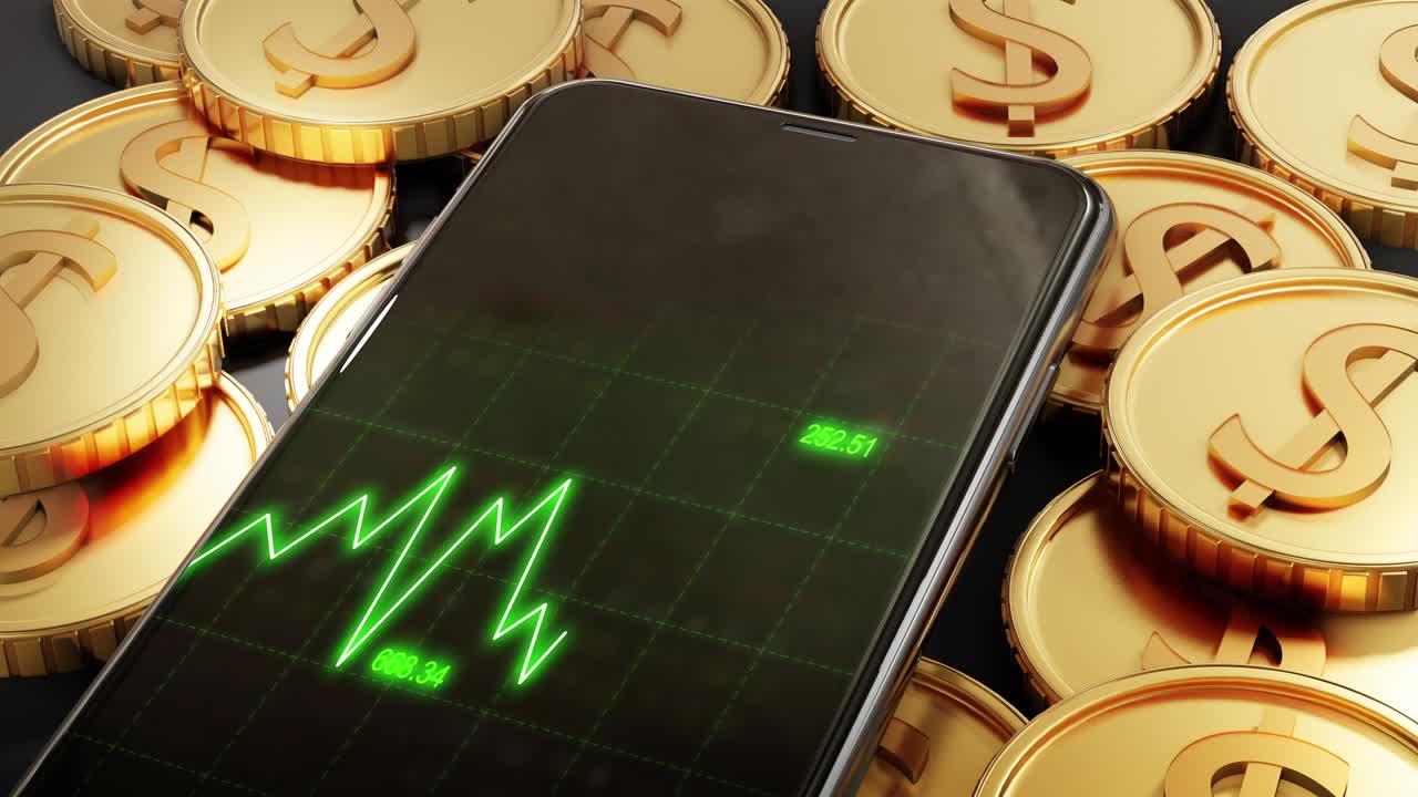 달러 돈 동전 화면 주식 시장 상승 트렌드 동적 차트