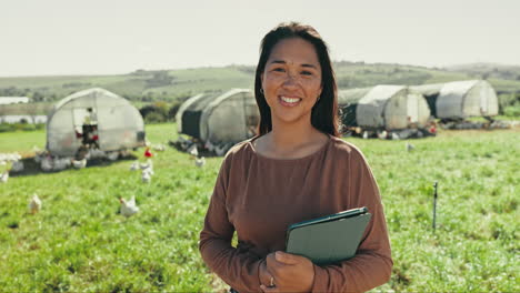 Farmer-woman,-portrait-and-tablet-for-chicken