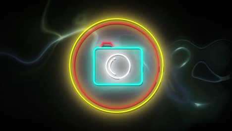 Animation-of-flickering-blue-neon-digital-camera-icon-in-a-glowing-circle