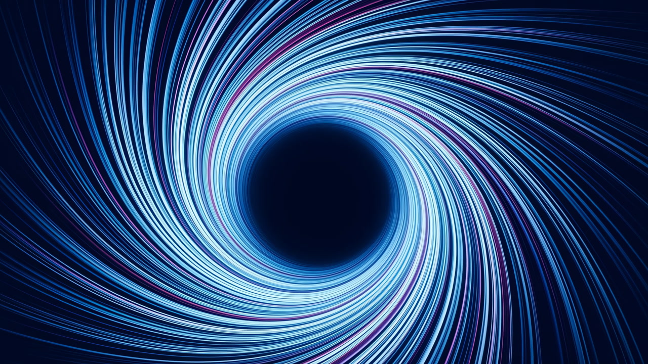 Deep Blue Tunnel With Luminous Core, Concentric Neon Strands Spiral Into Dark Center, Cool Cyber Aesthetic,