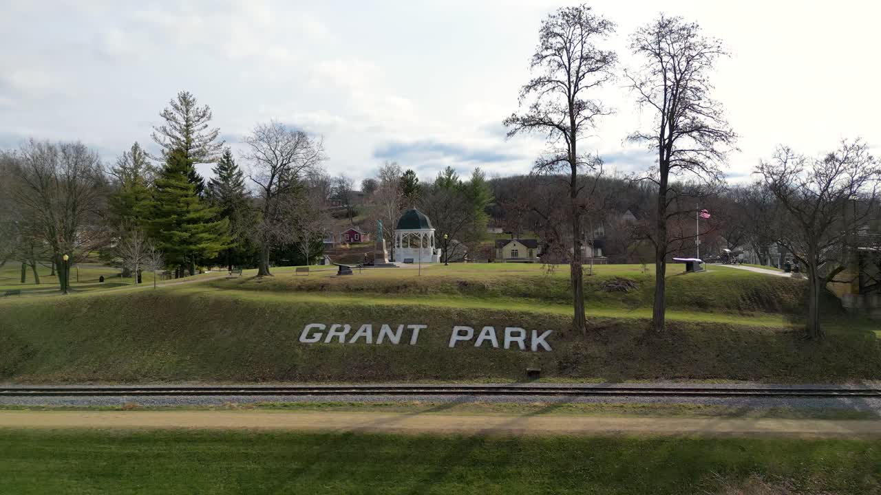 Drone footage near iconic Grant Park Pedestrian Bridge near the historic township of Galena, Illinois