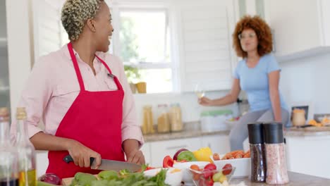 una feliz pareja de lesbianas hablando y cocinando en la cocina a cámara lenta.