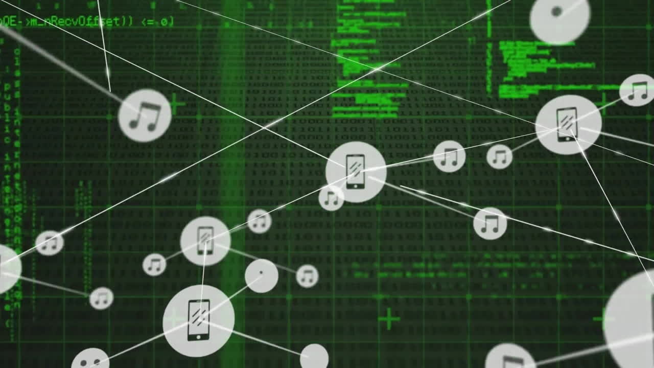 Animation of connected icons, grid pattern and computer language over abstract background