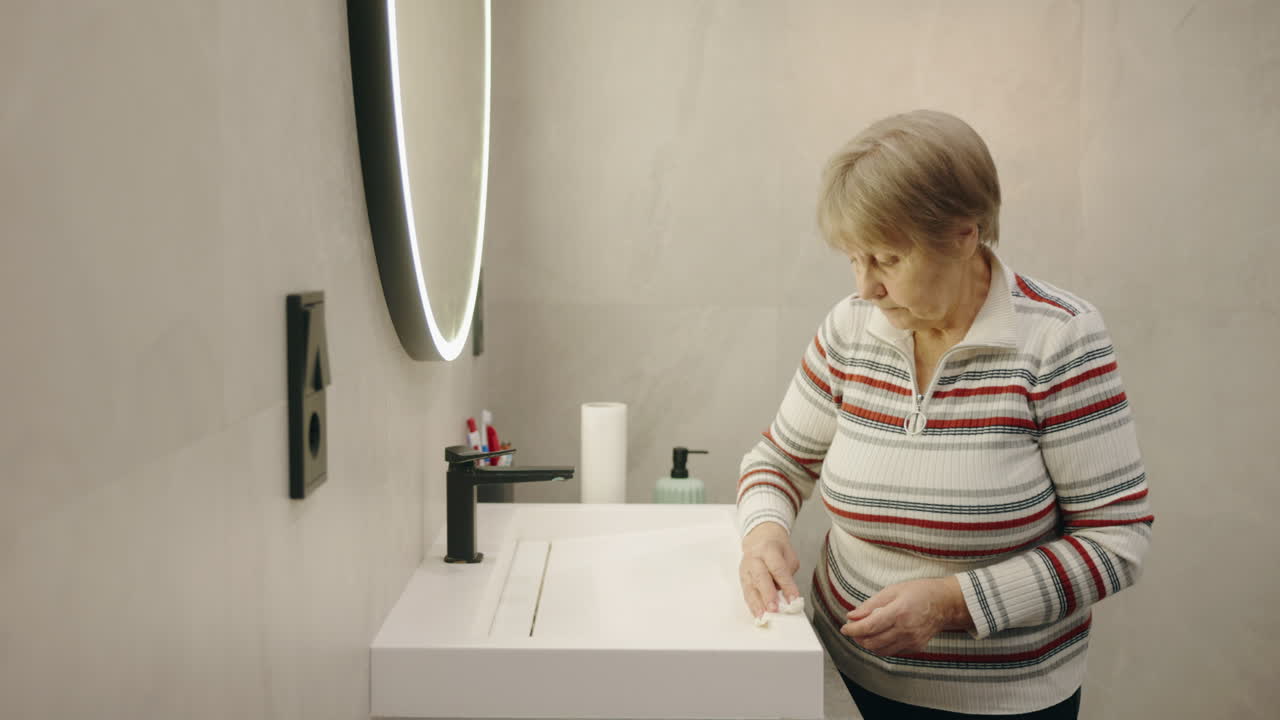 mujer anciana en un baño moderno