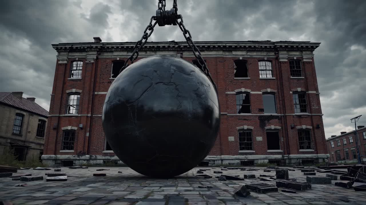 Wrecking ball hanging from chains, preparing to demolish an abandoned brick building with broken windows under a dark, stormy sky, evokes urban decay and impending destruction
