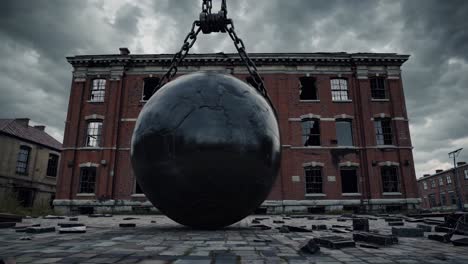 wrecking ball hanging from chains, preparing to demolish an abandoned brick building with broken windows under a dark, stormy sky, evokes urban decay and impending destruction