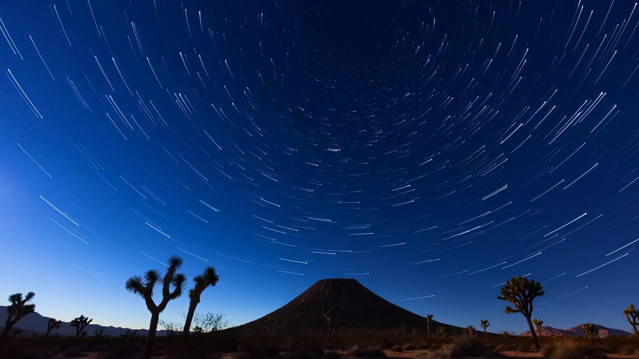 Brillantes estelas de estrellas rodean el polo celeste sobre una oscura colina desértica y árboles de Josué silueteados mientras el crepúsculo se desvanece en tonos añil azul profundo, revelando un paisaje de naturaleza salvaje remoto y tranquilo.
