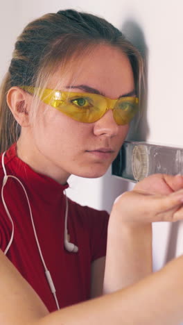 dolly cam: blue eyed woman with yellow goggles and earphones checks white wall level with modern tool at room renewal