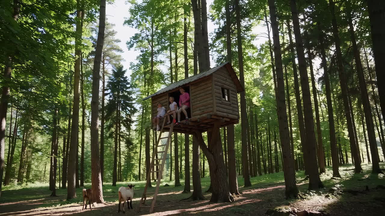 Children and goats at a treehouse in a sunlit forest