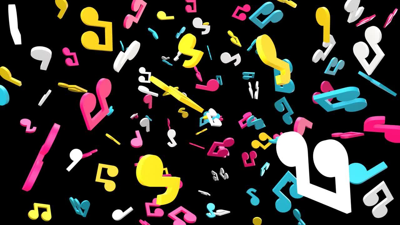 note musicali colorate su sfondo nero.