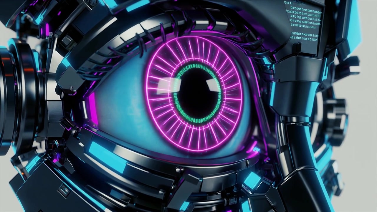 Occhio robotico futuristico con dati digitali e luci al neon