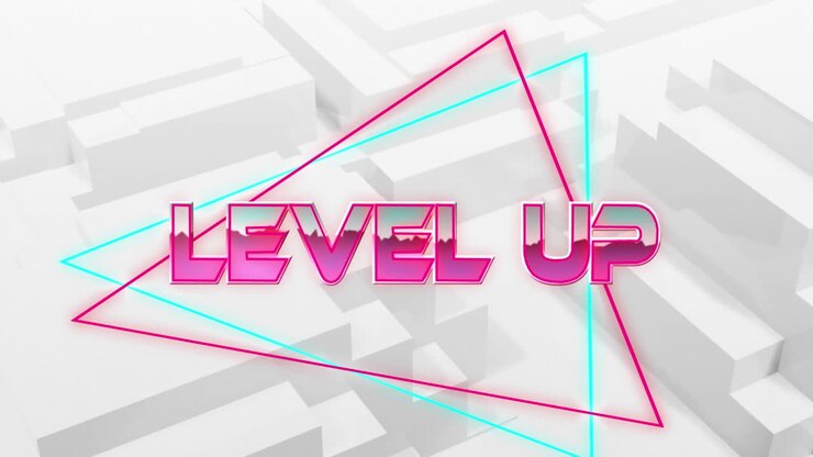 Animation of level up text over light trails on white background