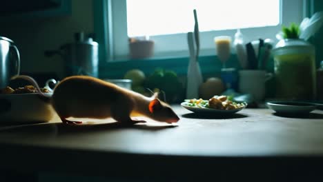 laboratory mouse with an ear tag eats food pellets on a table in a research setting, showcasing animal behavior and nutrition