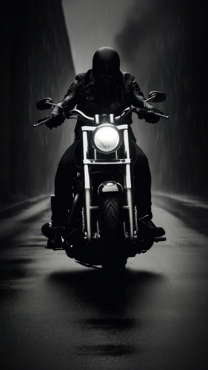 Ripresa drammatica dal basso di un motociclista su una moto in un vicolo poco illuminato, che evoca un video cinematografico