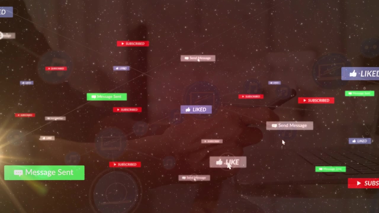Animation of network of connections with icons over person using smartphone