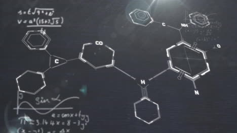 animation of light spots over chemical formula and mathematical equations on black background