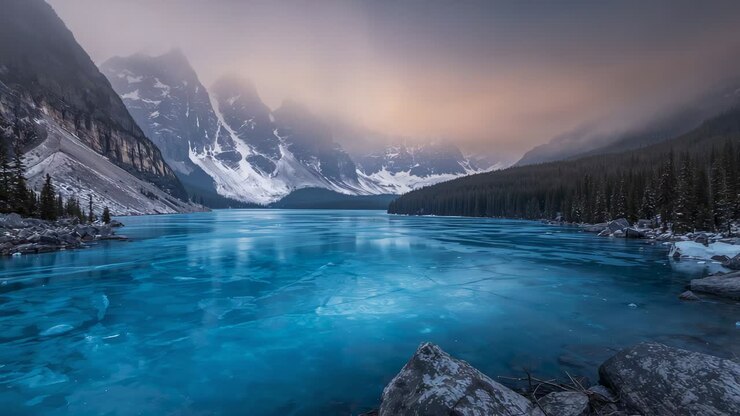 Banchi di nuvole basse in movimento che si illuminano, lago alpino color ottanio ghiacciato con ghiaccio incrinato, foresta di conifere