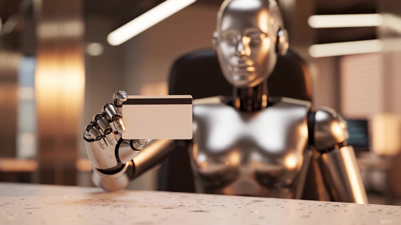 Una figura robotica futuristica mostra un'elegante scheda, incarnando tecnologia avanzata e automazione in un ambiente di lavoro moderno progettato per l'efficienza.