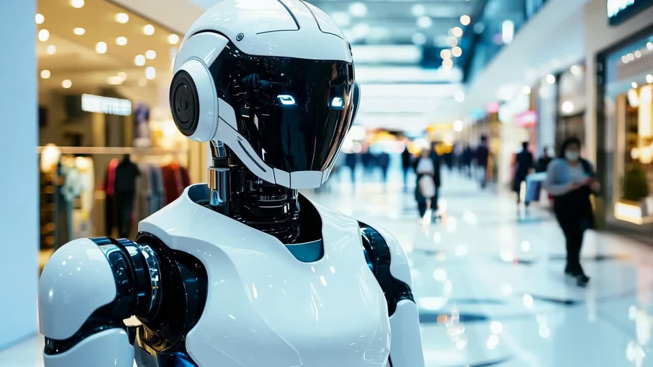 un robot en un centro comercial con gente caminando