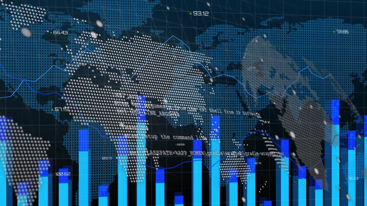 Upon code snippet appearing map based data display animating bars and lines showing global trends