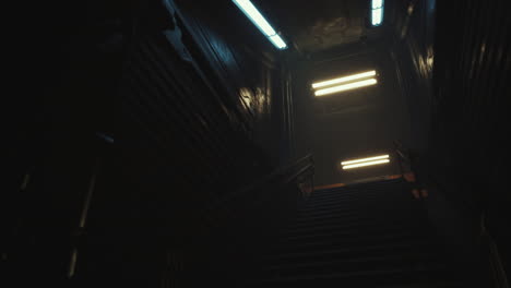 dark futuristic staircase in an industrial tunnel