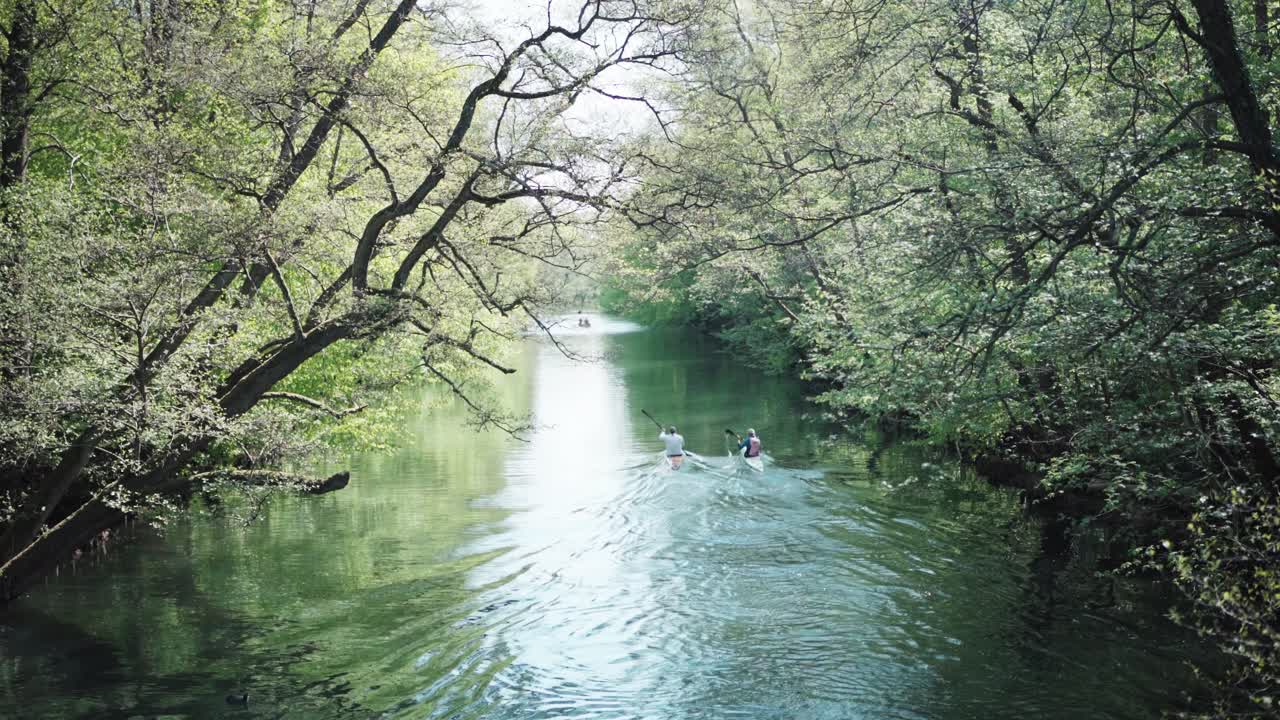 Kayakers paddling down lake in copenhagen a sunny spring day