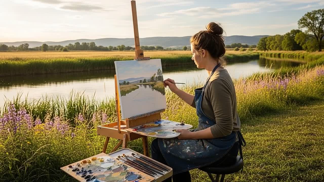 A Serene Painting Session by the River: An Artist Captures the Tranquility of Nature in Stunning Detail with Vibrant Colors and Inspiring Scenery