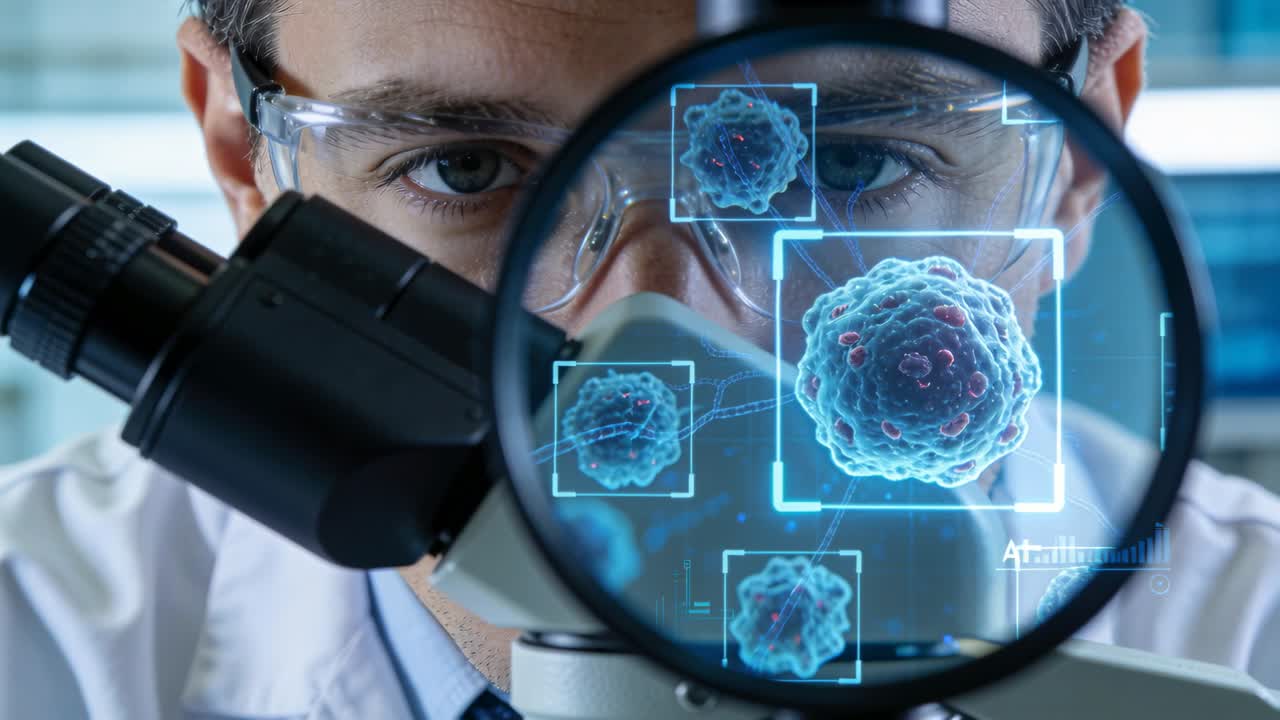 Scienziato esaminatore in camice bianco, occhiali protettivi e maschera che osserva al microscopio in laboratorio con cellule AR