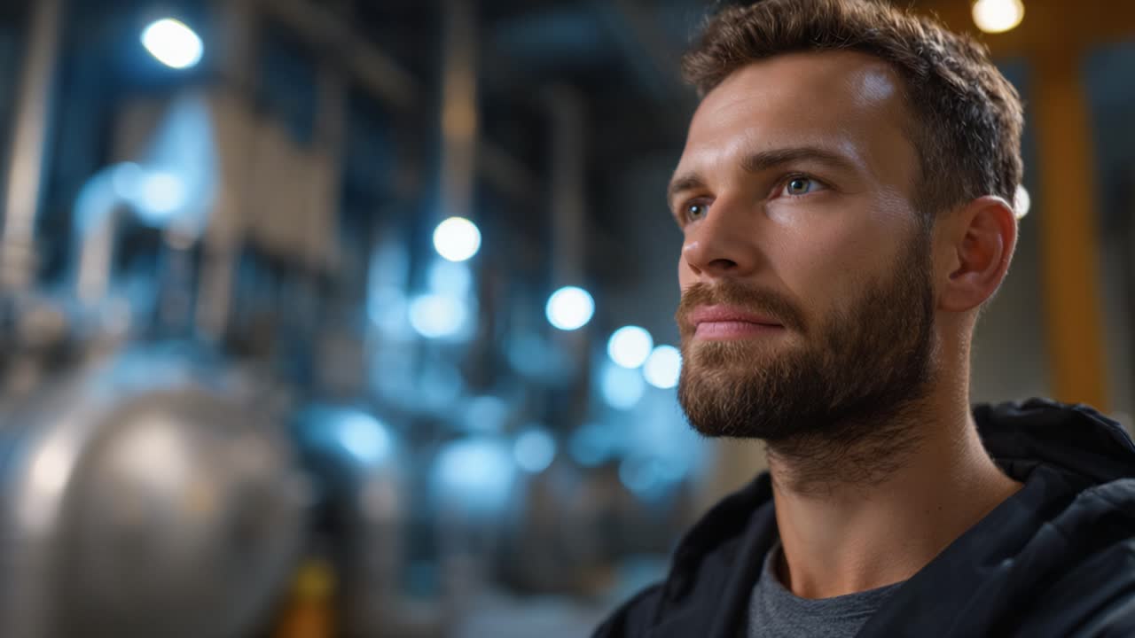 Uomo contemplativo in un ambiente industriale: un professionista riflette sul futuro tra macchinari e illuminazione fioca, mostrando concentrazione e determinazione in un ambiente moderno.