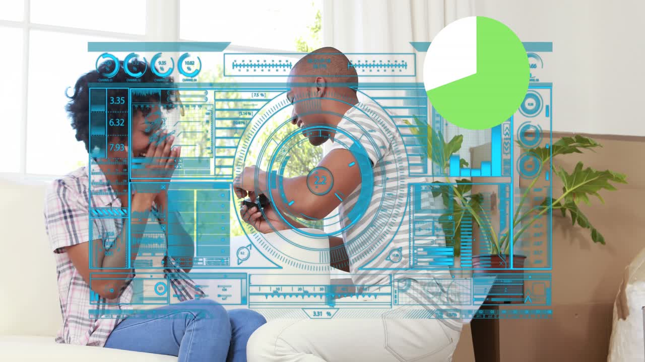 Animation of data processing over african american couple proposing